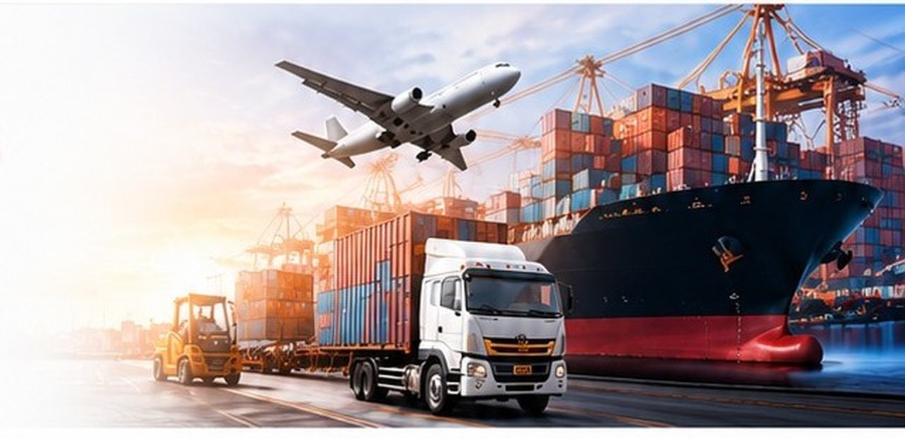 Container ship, airplane and truck at an international shipping port
